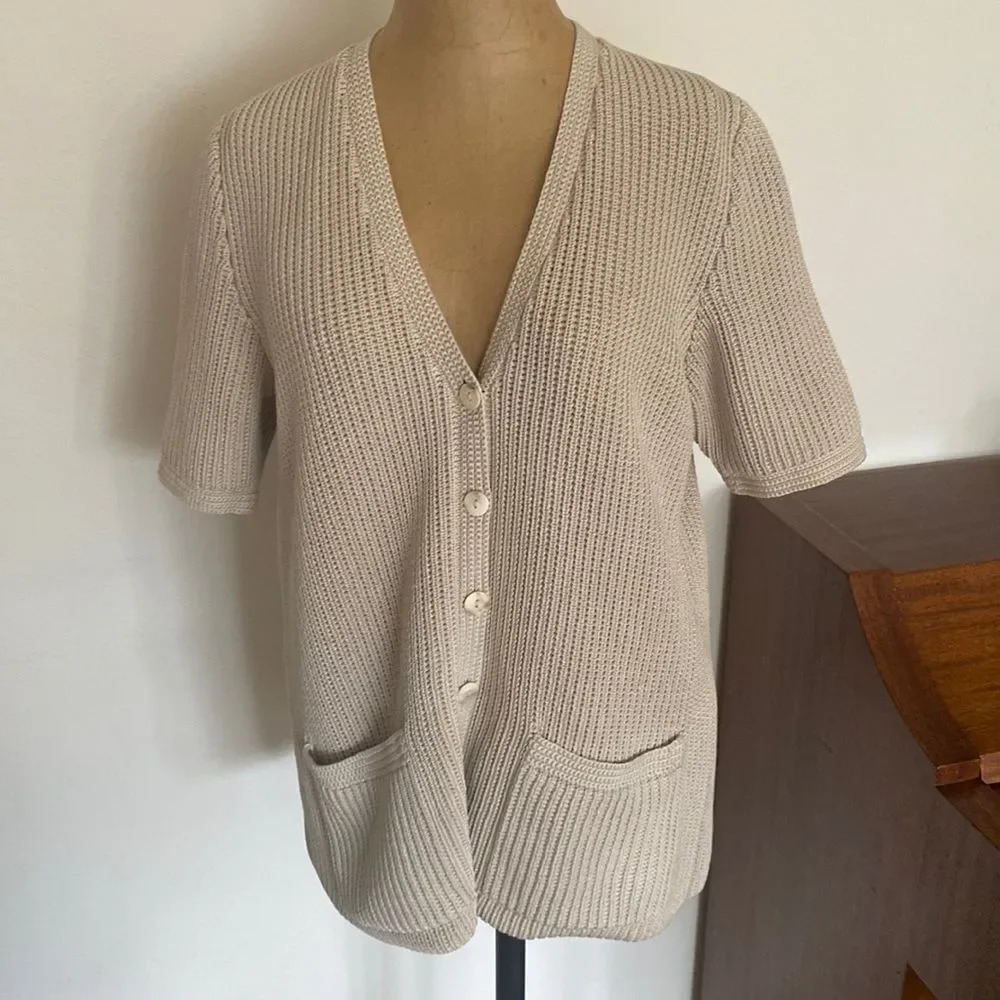 Cream Short-Sleeve Button Front Knit Sweater
